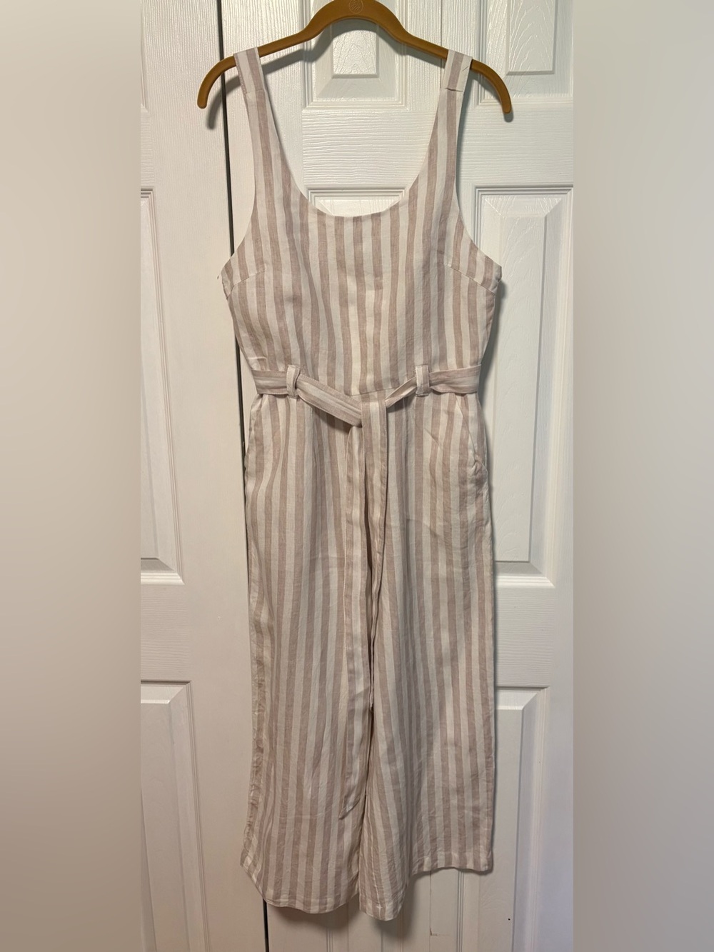 Rachel & Zoe Vertical Striped Sleeveless 100% Linen Jumpsuit in Beige and White